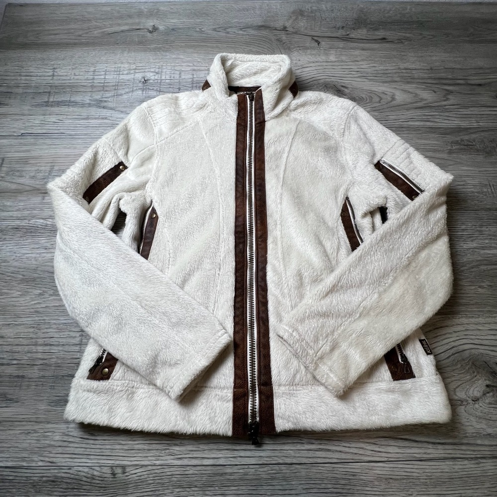 Kuhl Flight Jacket Womens Large Cream Fleece Full Zip Faux Suede Trim Outdoor